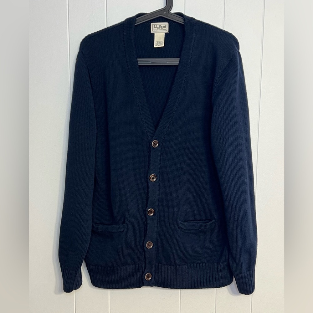 L.L.Bean men's cotton knit cardigan sweater Navy Blue Size M‎